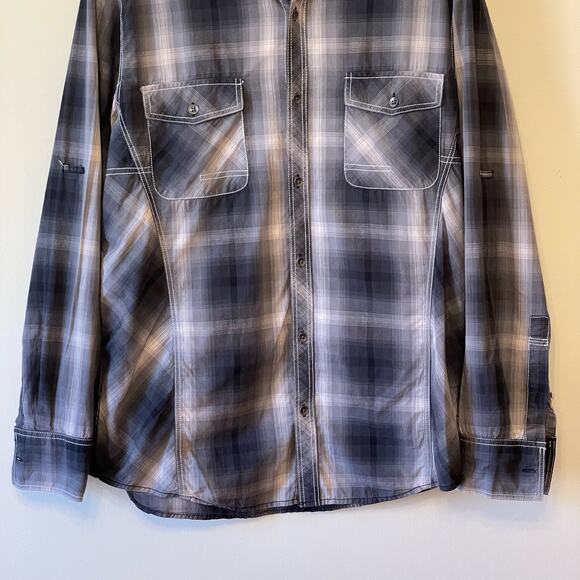 INC L plaid western long sleeve button down t-shirt gray white cotton cowboy - Picture 3 of 7